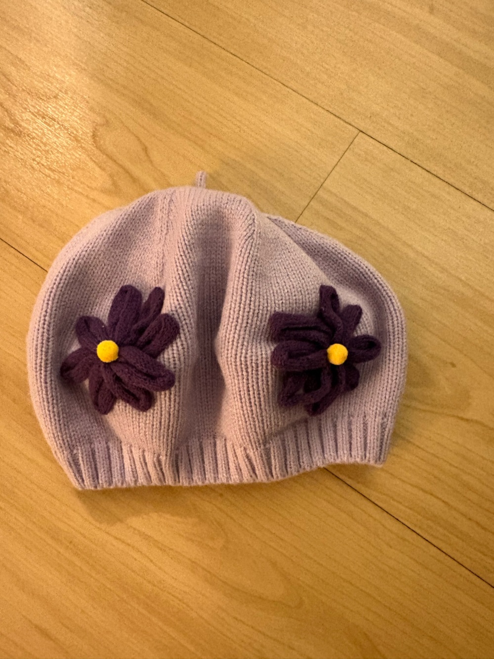 Kids Lavender Knit Beanie with Purple Flower Accent
